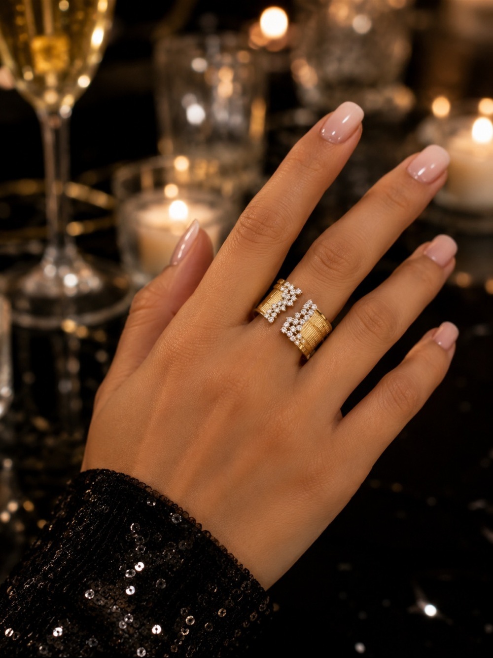 Golden Pave Cascade Open Cuff Ring